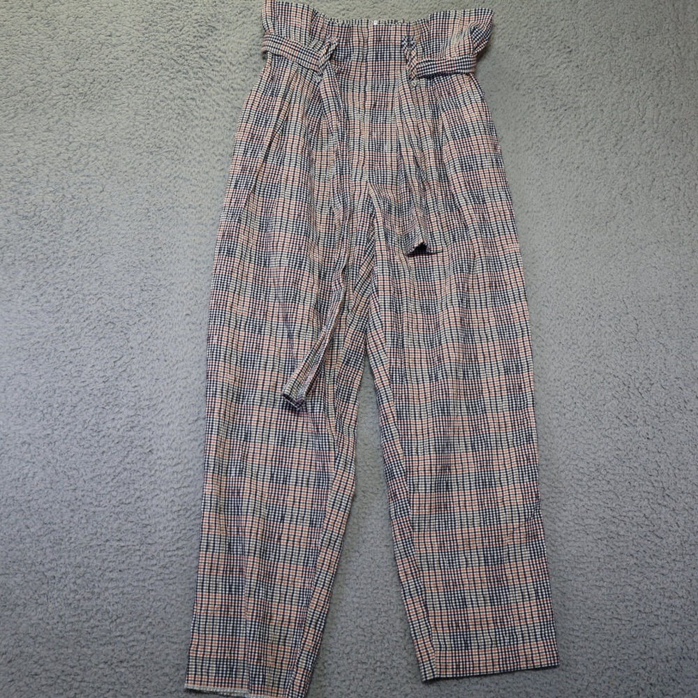 Anthropologie Plaid Paperbag Waist Pants Size 2 Navy Orange Tapered Tie Belt